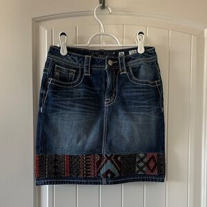 Miss Me Denim Skirt with Patterned Hem